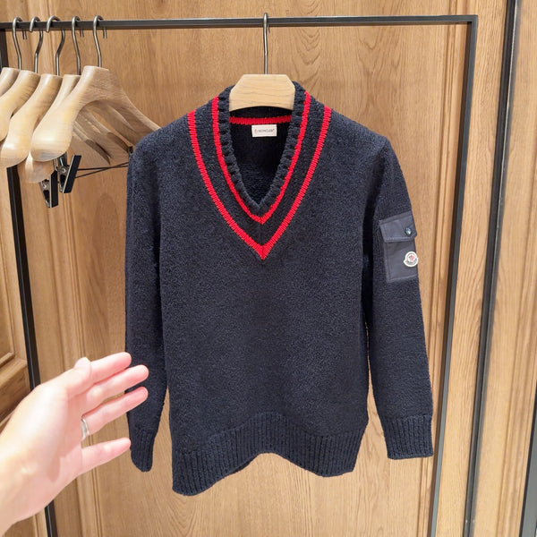 Padded V-Neck Cotton &amp; Wool Blend Jumper