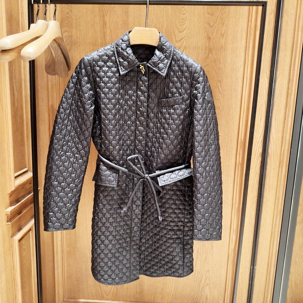 Raissac Geometric-Quilted Long Down Jacket